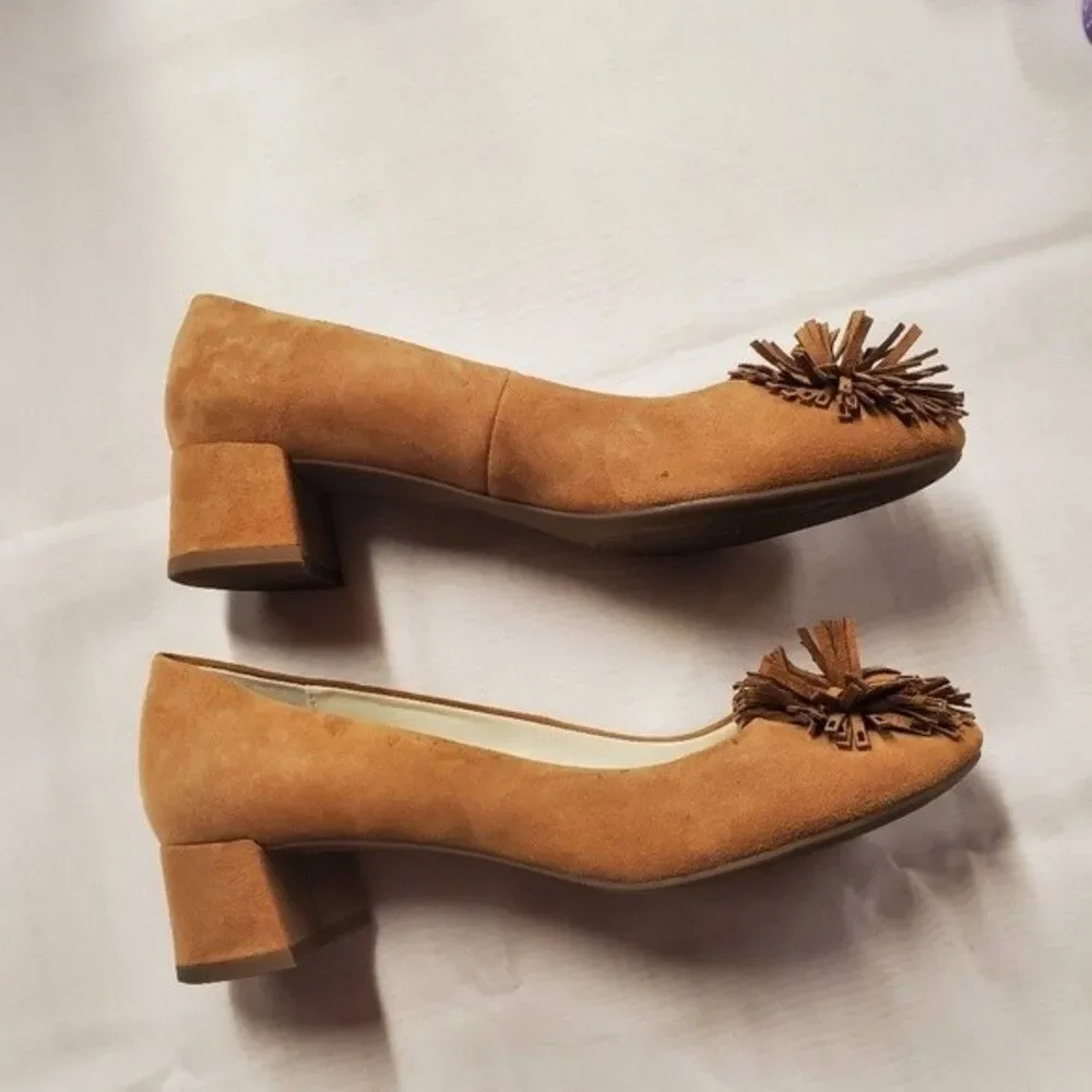 Anne Klein iflex Happy Toffee Suede Pom om Slip On Block Heel Versatile Shoes